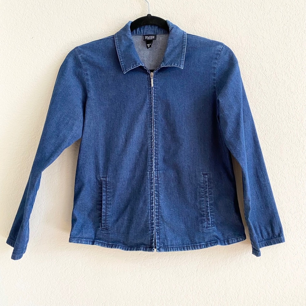 Eileen Fisher‎ Petite Blue Denim Jacket Zip Front Classic Collar Women's PP